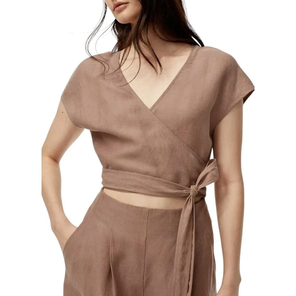 Aritzia Wilfred Brax Wrap Jumpsuit Wide Leg Size 0 Nutmeg Brown Linen Blend